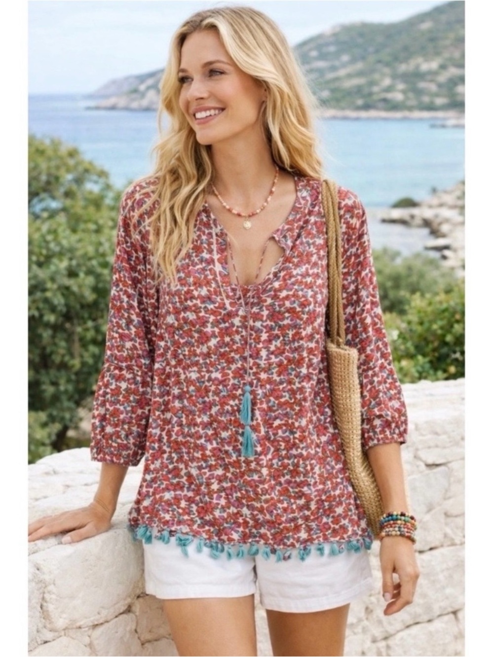 ROLLER RABBIT | Akar Josephina Boho Tassel Long‎ Sleeve Tunic Top Small Festival